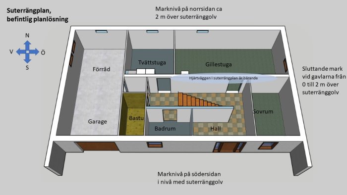 Skiss av en befintlig sutterängplanslösning som visar rum såsom garage, bastu, tvättstuga, gillestuga och sovrum, med markeringar för omarbetningar.