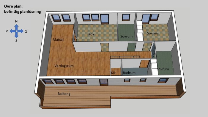 Isometrisk bild av en befintlig överplansritning med kök, sovrum, vardagsrum och balkong.