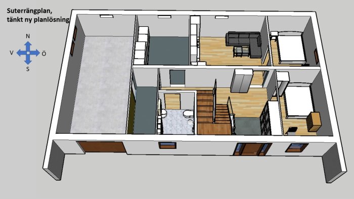 3D-skiss av sutterängplans nya planlösning med utrymmen för kök, sovrum, badrum och U-trappa.
