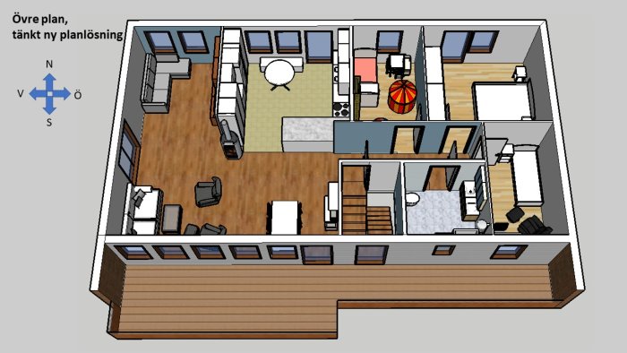Illustration av ett övre våningsplan med ny planlösning inklusive vardagsrum, kök, sovrum och badrum.