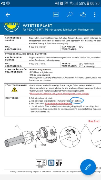 Skärmdump av installationsanvisningar för Vatette Plast-rörsystem med text och illustrativ bild på kopplingskomponenter.