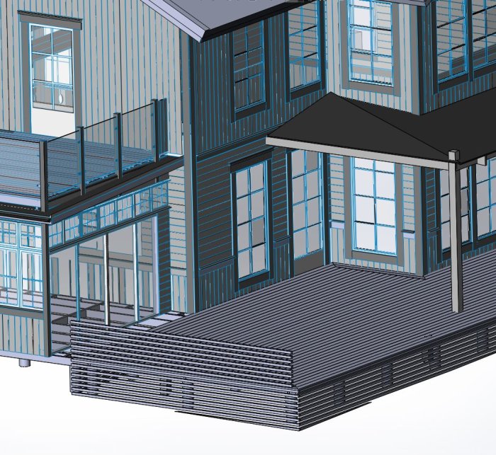 3D-skiss av ett hus med New England-stil och ett föreslaget altantak på södersidan.