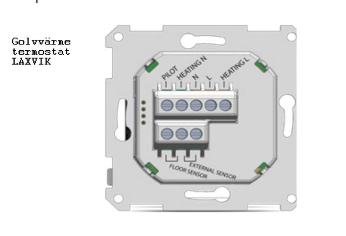 Bild på en Kelvin golvvärmetermostat Laxvik med märkta anslutningar för pilot, värme och extern golvsensor.