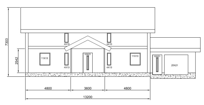 Arkitektritning av husfasad med dimensioner för fönster och dörrar.