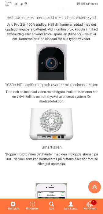 Säkerhetskamera och basstation för Arlo Pro 2 systemet, med text om funktioner som vädertålig design och rörelsedetektion.