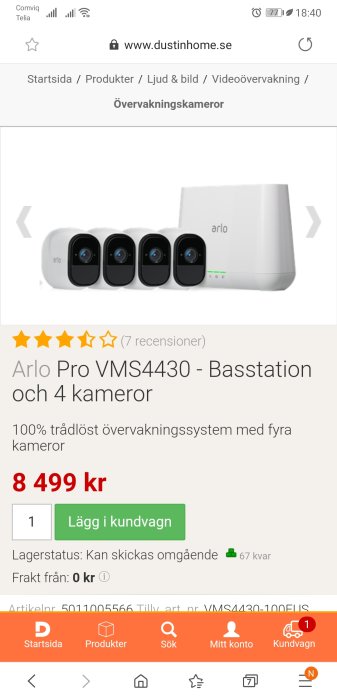 Skärmdump från dustinhome.se som visar Arlo Pro VMS4430 övervakningssystem med basstation och fyra kameror pris.