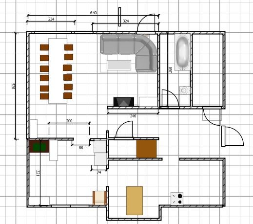 Planritning av en bostad med möblerade rum inkluderande vardagsrum, kök, sovrum och badrum, markerat för potentiell ombyggnad.