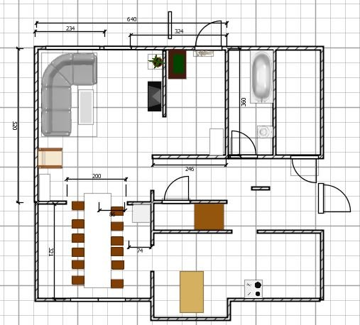 Planritning med möblerad lägenhet visar befintlig layout av sovrum/kontor och vardagsrum.