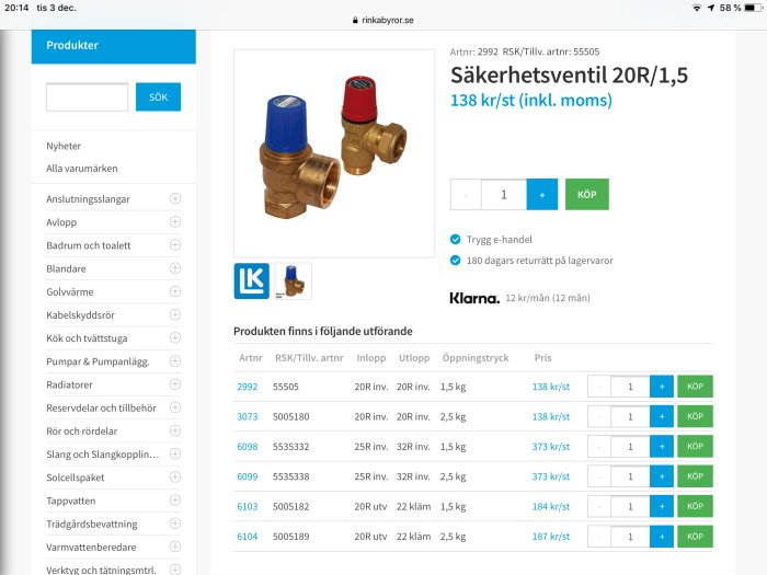 Skärmdump av en webbsida som visar en säkerhetsventil 20R/1,5 med information och pris, tillsammans med andra ventilalternativ.