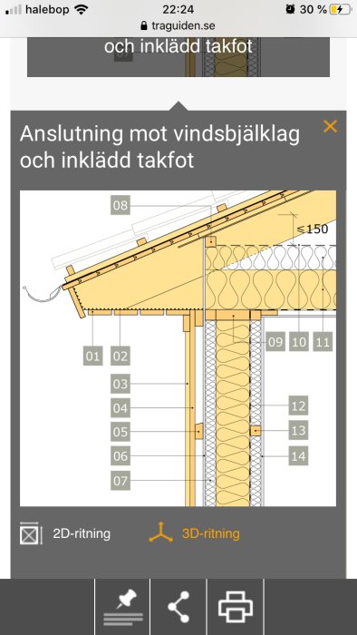 Arkitektonisk detaljritning av anslutning mot vindsbjälklag med luftspalt och numrerade komponenter.