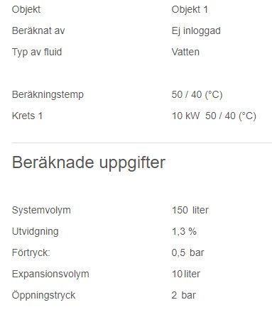 Skärmdump av en teknisk specifikation för ett VVS-system inklusive systemvolym, utvidgning, förtryck, expansionsvolym och öppningstryck.