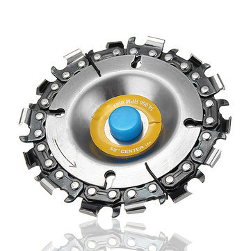 Farlig sågklinga med många tänder och gul och blå märkning i mitten på en vit bakgrund.