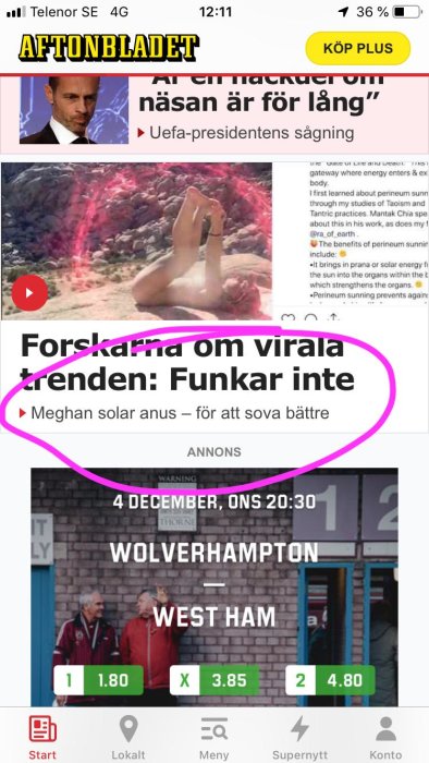 Skärmdump av en artikel på Aftonbladet med texten "Meghan solar anus – för att sova bättre".