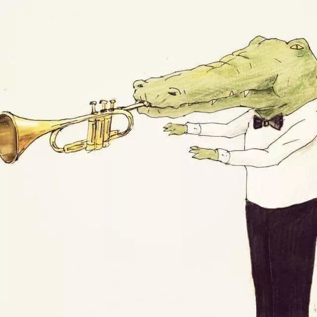 Illustration av en person med krokodilhuvud som spelar trumpet.