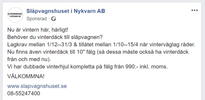 Annons för vinterdäck till släpvagnar från Släpvagnshuset i Nykvarn AB, med prisinformation.