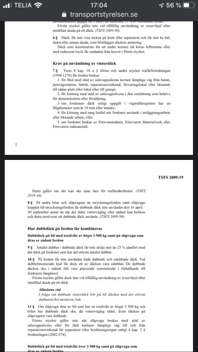 Skärmdump av Transportstyrelsens webbsida med regler om användning av vinterdäck enligt TSFS 2009:19.