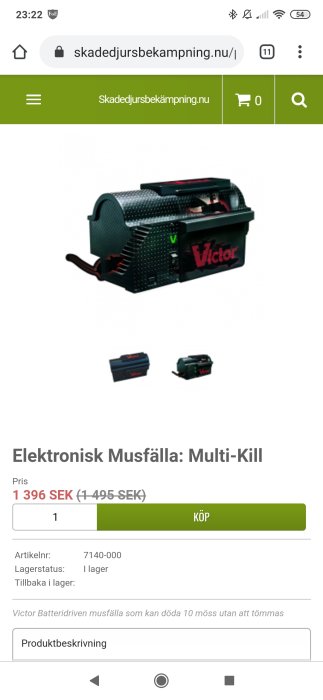 Elektronisk musfälla Multi-Kill från Victor, produktbild med pris och beskrivning på webbsida.