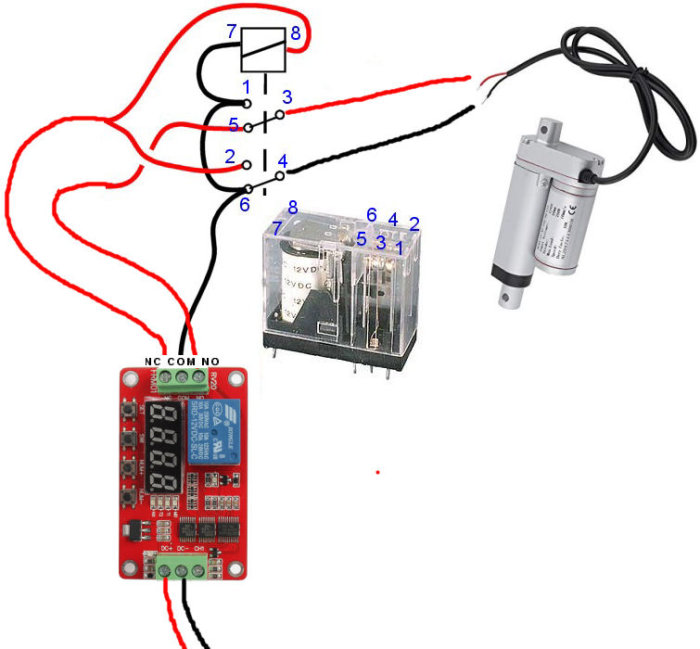 Diagram över elektrisk koppling med linjärt ställdon, reläer och handritade anslutningar.