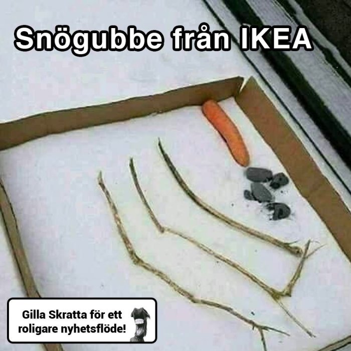 IKEA-snögubbe med platta komponenter: två kvistar, en morot och några stenar i en kartong.