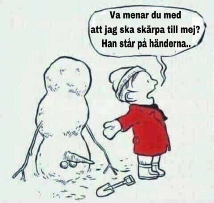 Seriebild av ett barn i röd jacka som pratar med en snögubbe som står på sina händer med verktyg på marken.