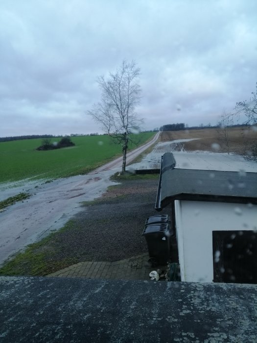 Översvämmad trädgård och rännor grävda för att leda bort vatten från ett hus.