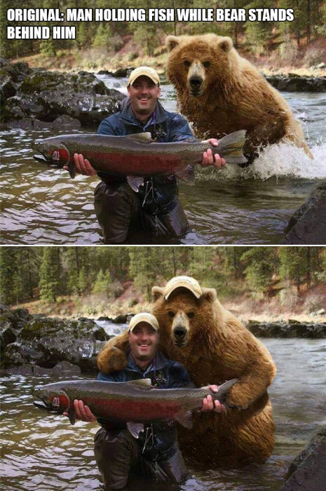 Man visar upp en stor fisk framför kamera medan brunbjörn står upp bakom honom i en flod.