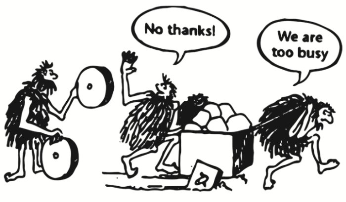 Tecknad bild av neanderthalmänniskor med pratbubblor "No thanks!" och "We are too busy".