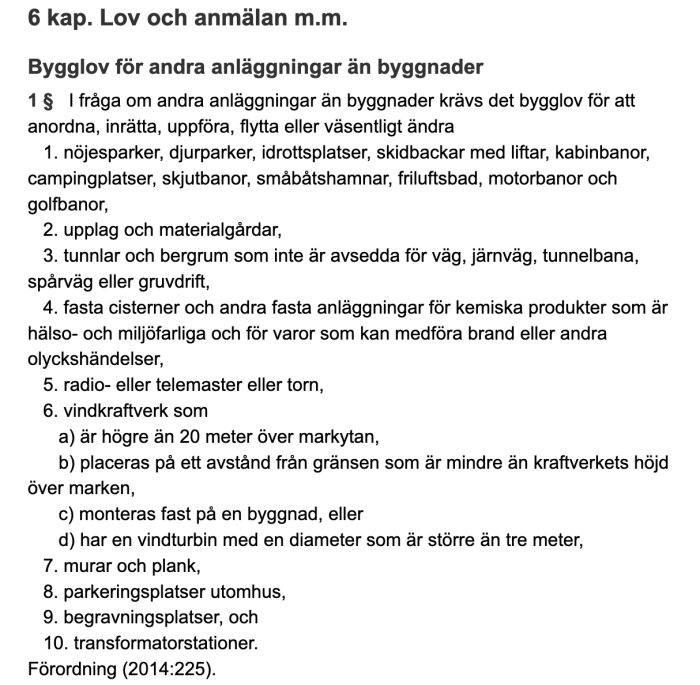 Textdokument om bygglov enligt PBL för anläggningar som nöjesparker och vindkraftverk, utan omnämnande av solpaneler.