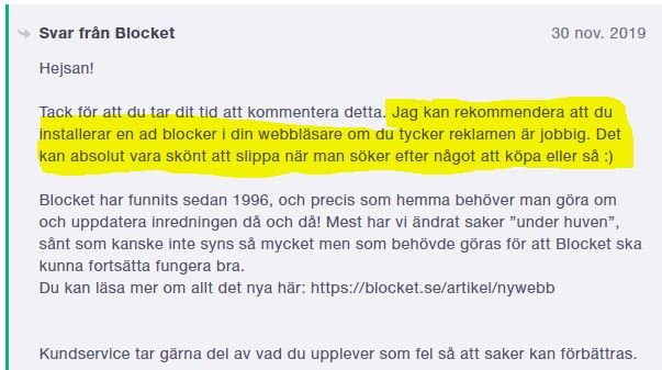 Skärmdump av ett svar från Blocket som rekommenderar installation av adblocker.