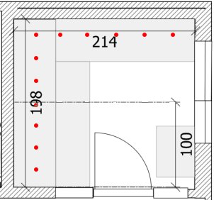 Ritning av bastu med dimensioner och rödmarkeringar som visar föreslagen placering av spottar längs väggarna.