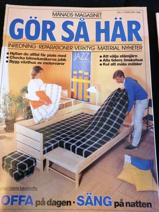 Omslag på "Gör Så Här" tidskrift från 1986 med rubriker och bild av en person som står vid en bäddsoffa.