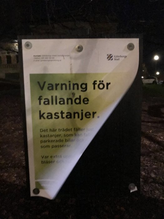 Varningsskylt om fallande kastanjer som kan skada parkerade bilar och förbipasserande.