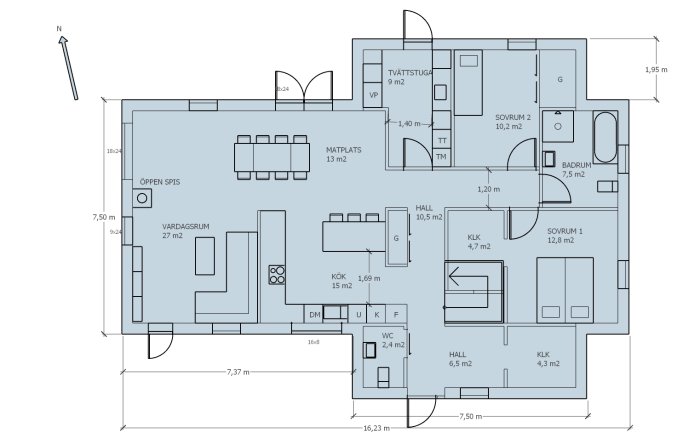Planritning av ett hus med tydlig siktlinje genom dörröppning från entrén genom tvättstuga till Sovrum 2, möbleringsförslag inkluderat.