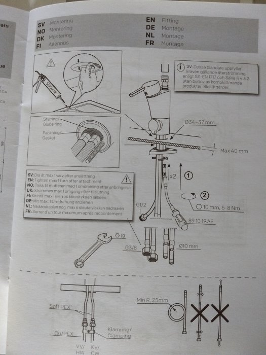 Instruktionsdiagram för montering av blandare med måttangivelser och komponentdetaljer.