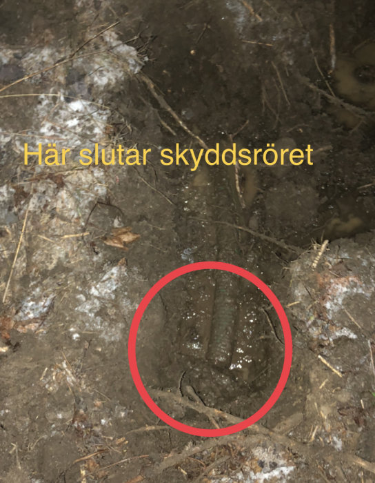 Skyddsrör för kopparkabel slutar vid markytan, orsak till översvämning i huset.