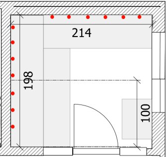 Ritning av bastu med mått och positioner för LED-spottar indikerade längs med väggarna.