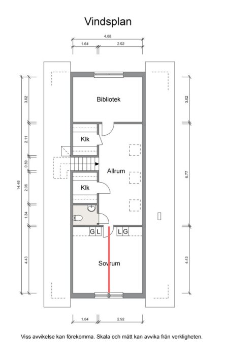 Ritning av ett vindsplan med markerad sovrum och föreslagen väggdelning för att skapa två rum.