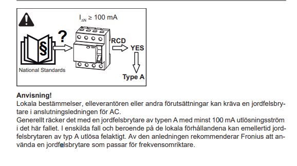 Skärmdump ur manual visar en RCD Typ A jordfelsbrytare med text som rekommenderar nationella standarder och lokala bestämmelser.