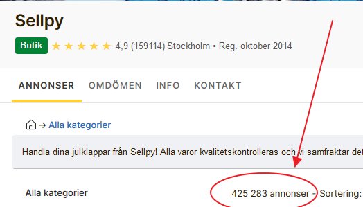 Skärmdump från Tradera som visar Sellpys butikssida med 425 283 annonser markerade.