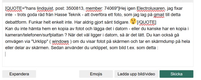 Skärmdump av diskussionsforum där en användare förklarar hur man överför bilder till dator via Urklipp.