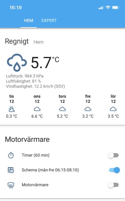 Skärmklipp av hemautomationssystem som visar vädret och motorvärmarens scheman och timer-inställningar.