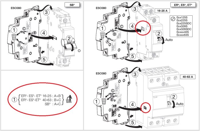 Illustration av en hjälpkontakt från manual, visar var man tar bort piggar för olika apparattyper.