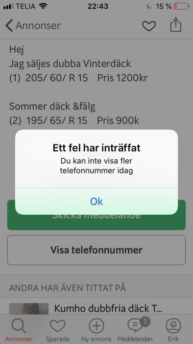 Skärmavbild av felmeddelande på en annonsplats för begagnade däck, "Du kan inte visa fler telefonnummer idag".