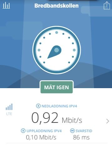 Skärmdump från Bredbandskollen visar låg 4G-nätverkshastighet med 0,92 Mbit/s ner och 0,10 Mbit/s upp.