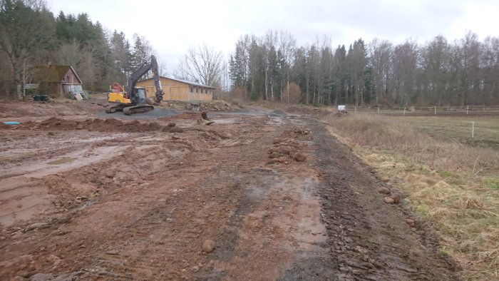 En grävmaskin som arbetar med markförberedelse för paddock vid ett stall, med skog och hage i bakgrunden.