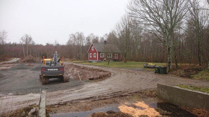 Volvo grävmaskin på en byggarbetsplats med grus och makadam framför ett rött hus med vitt tak.