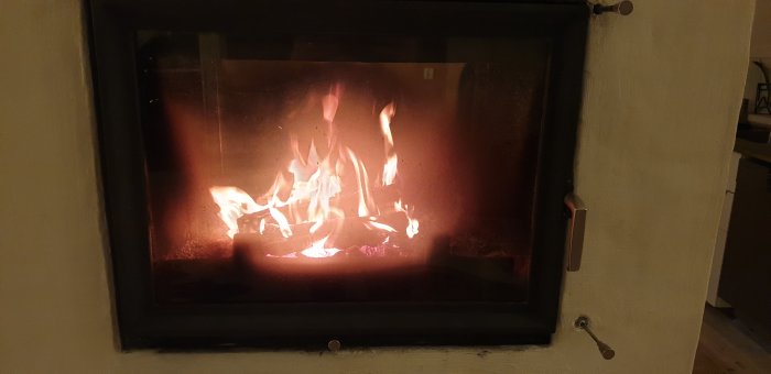 Brinnande ved i en kamin, ren glasyta visar tydliga lågor från björk och granved.