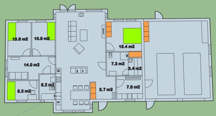 Färgkodad planlösning för ett enplanshus med tydliga rumsmärkningar och storleksdimensioner, inklusive garage.