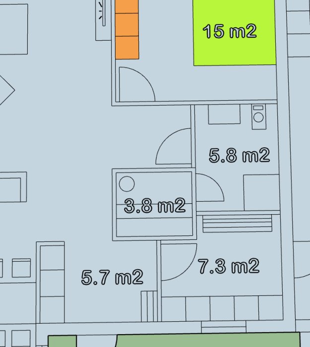 Planritning av en våning med rum och mått angivna i meter kvadrat, inklusive badrum, sovrum och vardagsrum.