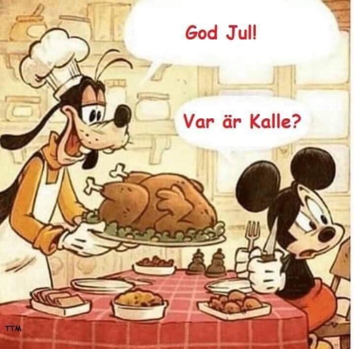 Tecknade figurer vid julbord, en serverar stekt kalkon, pratbubblor säger "God Jul" och "Var är Kalle?